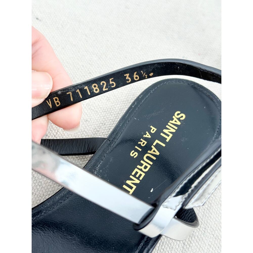 Saint Laurent Cassandra Patent Leather YSL Logo Thong Sandals Silver Black 36.5 - Picture 7 of 8